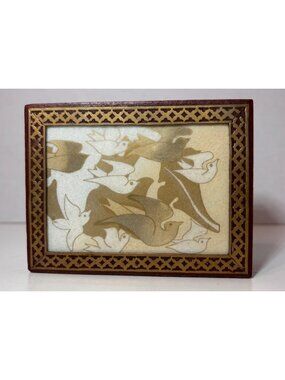 Handcrafted Wooden Trinket Box Bird Design Brass Inlay & Velvet Lining